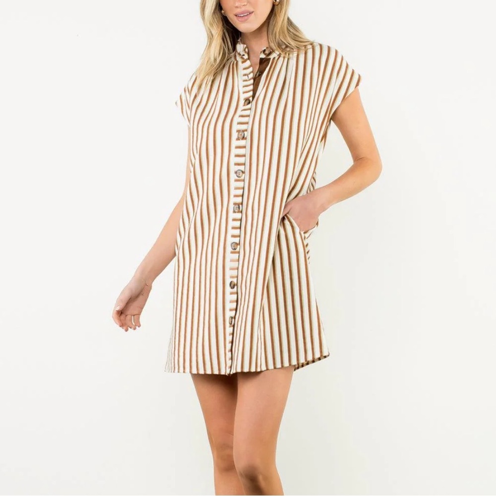 Striped Button-Front Shirt Dress - Cream & Brown